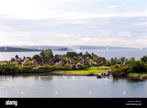 Island With Typical Norwegian Houses In The Oslo Fjord Norway