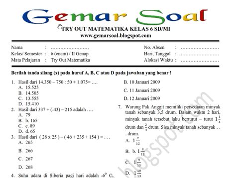 Soal Try Out Kelas Matematika Dan Kunci Jawaban Satu Trik