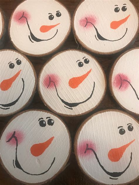 Rustic Natural Birch Wood Slice Hand Painted Snowman Face Etsy