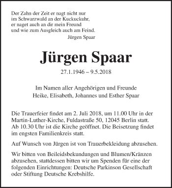 Traueranzeigen von Jürgen Spaar Tagesspiegel Trauer