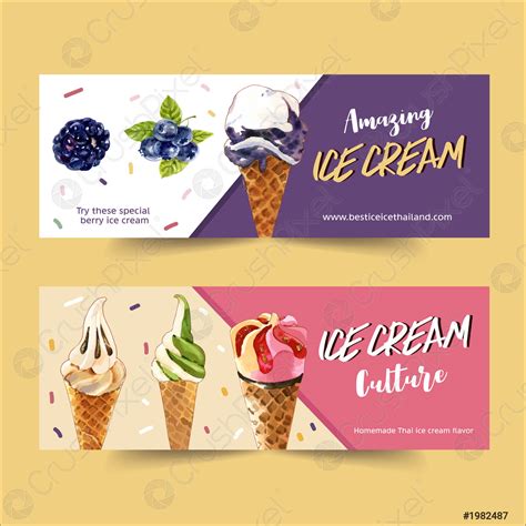 Ice cream banner design with berries watercolor illustration - stock ...