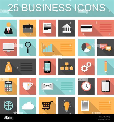 Flat 25 Business And Marketing Web Icons Set With Long Shadows Stock