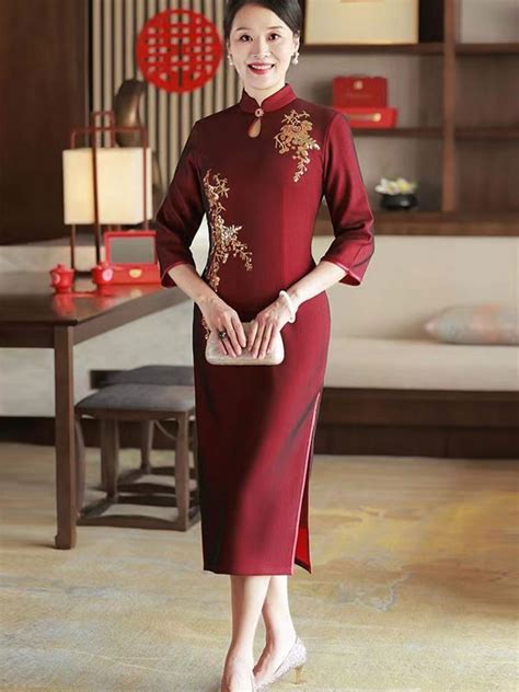 Red Bridal Mothers Mid Tea Winter Qipao Cheongsam Dress Cozyladywear