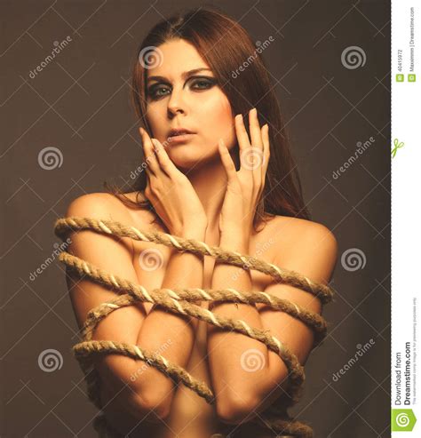 Brunette Woman Bound Rope Prisoner Jeans Gray Backg Stock Photos Free