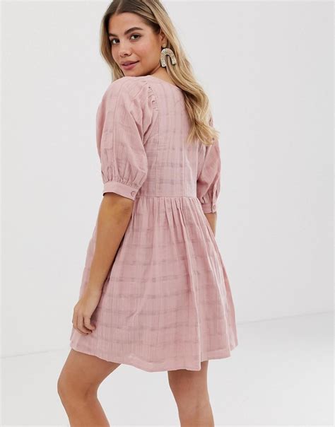 Asos Cotton Mini Smock Dress In Textured Check In Pink Lyst