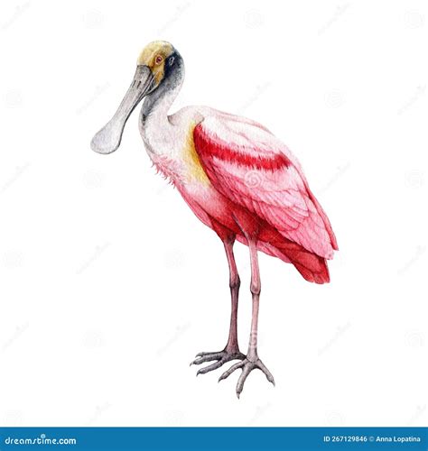 Spoonbill Bird Watercolor Illustration Hand Drawn Realistic Roseate