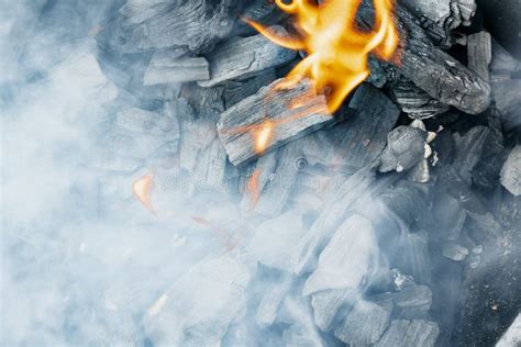 Burning Charcoal Close Up Coal In Fire And Smoke Stock Image Image