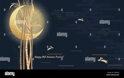 Mid Autumn Festival Jumping Hares Chuseok Stylized Bamboo River And