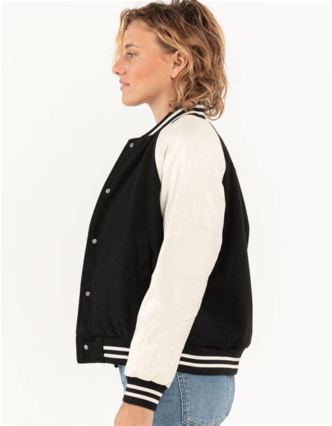 LOVE TREE Womens Faux Leather Sleeve Varsity Jacket BLACK Tillys