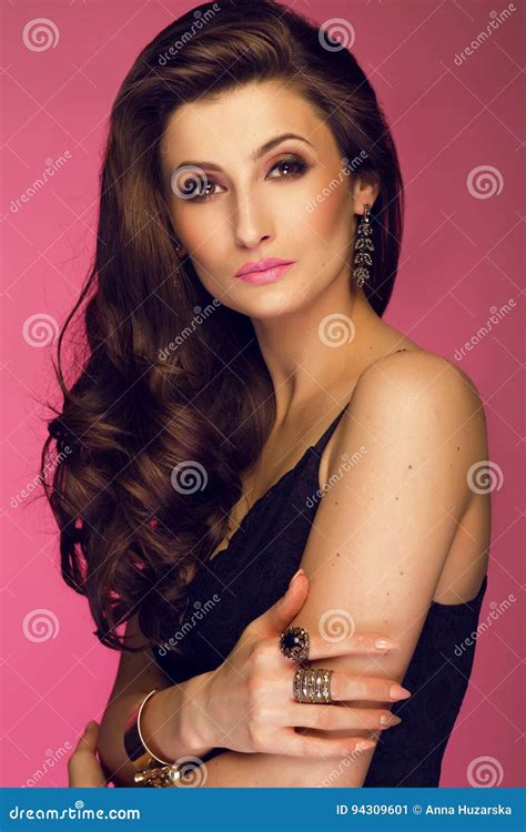 Portrait Of Woman With Long Brunette Curly Hair Studio S Stock Image Image Of Gorgeous