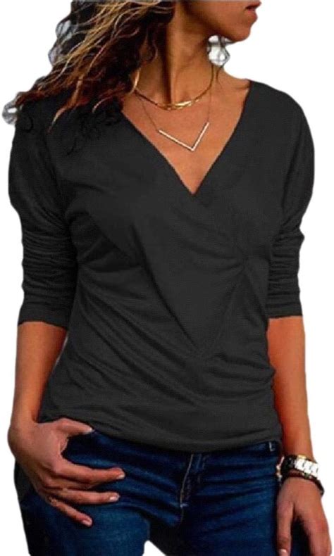 Wsplyspjy Camisa De Manga Larga Con Cuello En V Para Mujer Negro Xs