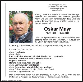 Traueranzeigen Von Oskar Mayr Trauer Bz