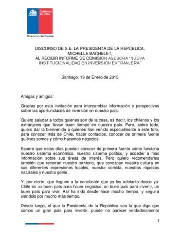 Discurso de Michelle Bachelet al recibir Informe de Comisión Asesora