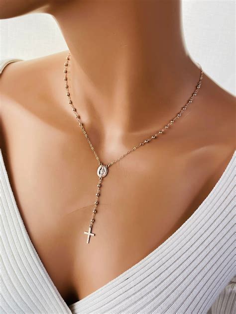 Rose Gold Rosary Necklace For Women Miraculous Catholic Jewelry Cross