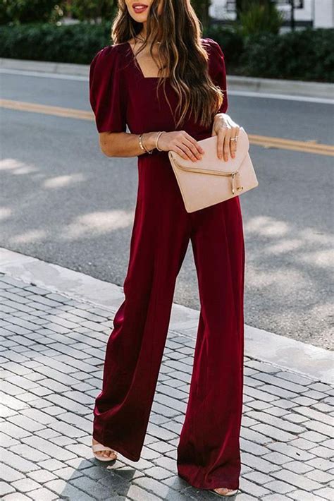 Burgundy Belted Square Neck Puff Sleeve Jumpsuit Red Xl Jumpsuit