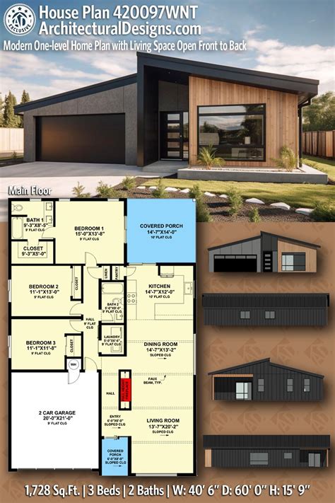 Plan 420097WNT 3 Bed Contemporary Ranch With Open Living Space Front