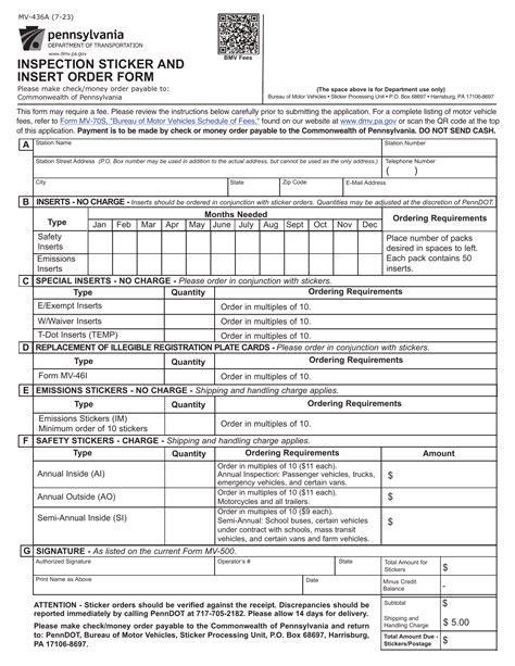 Pa Dmv Form Inspection Sticker And Insert Order Form Forms Off