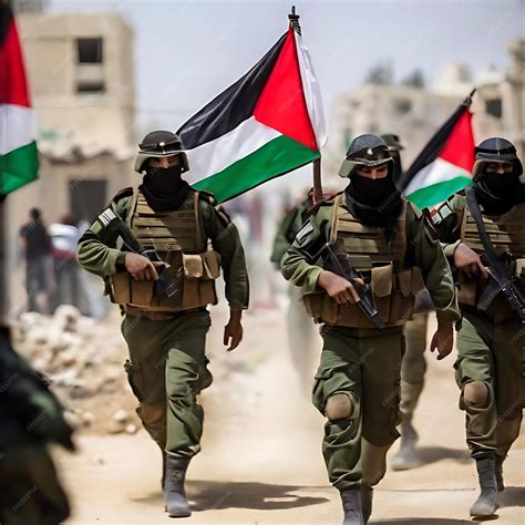 Premium AI Image | Palestinian army troops carrying the Palestinian flag AI