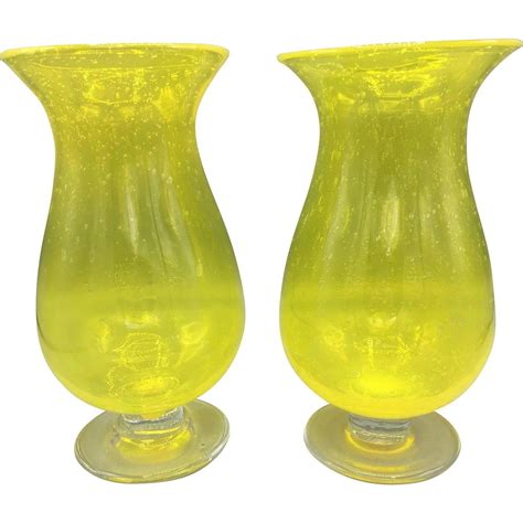 Pair Of Mid Century Hand Blown Yellow Art Glass Vases Art Glass Vase Yellow Art Glass Art