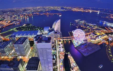 Japan Yokohama City Metropolis Buildings Houses Ferris Wheel Bay