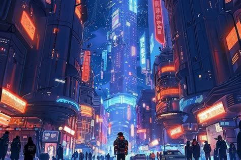 La calle de la ciudad cyberpunk por la noche con luces de neón y