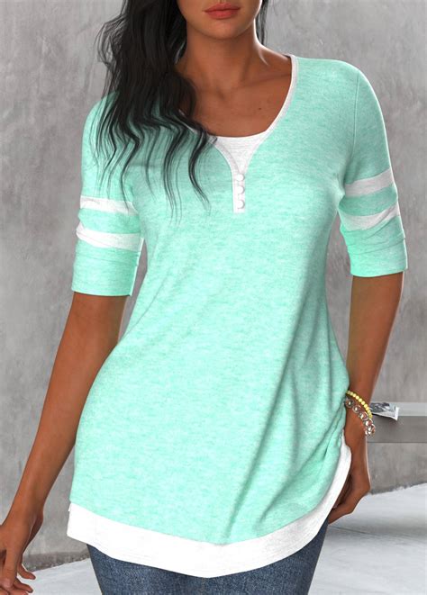 Rotita Patchwork Mint Green Round Neck T Shirt Usd 31 98