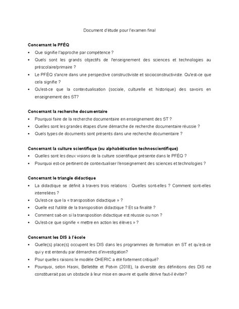 Document D Tude H Questionnaire A Reviser Pour L Examen Document