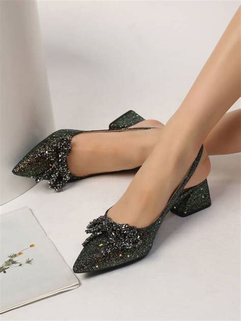 Women Rhinestone Bow Decor Point Toe Chunky Heeled Pumps Glamorous