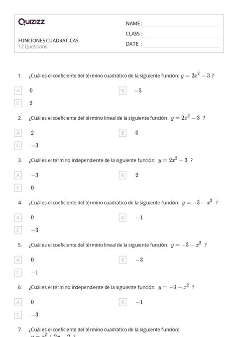 Funciones Hojas De Trabajo Para Grado En Quizizz Gratis E