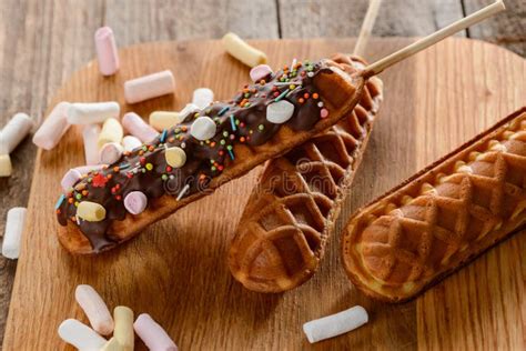 Close Up On Waffle Lollies Wonderful Desserts On A Stick Stock Image