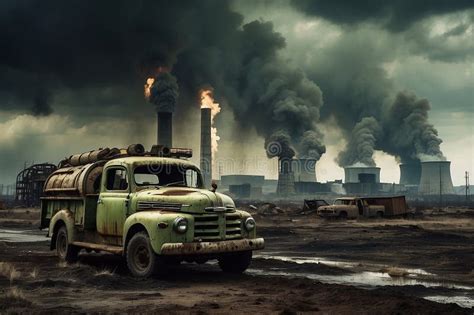 Post Apocalyptic Landscape With An Abandoned Deserted City Rusty Cars