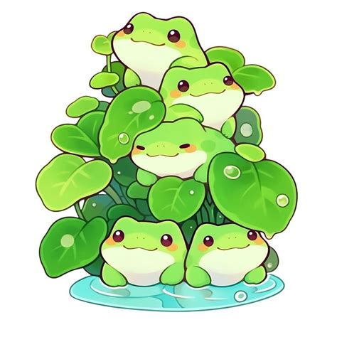 Cute Kawaii Froggies On Watercress Green Frogs Sticker Cute Cartoon