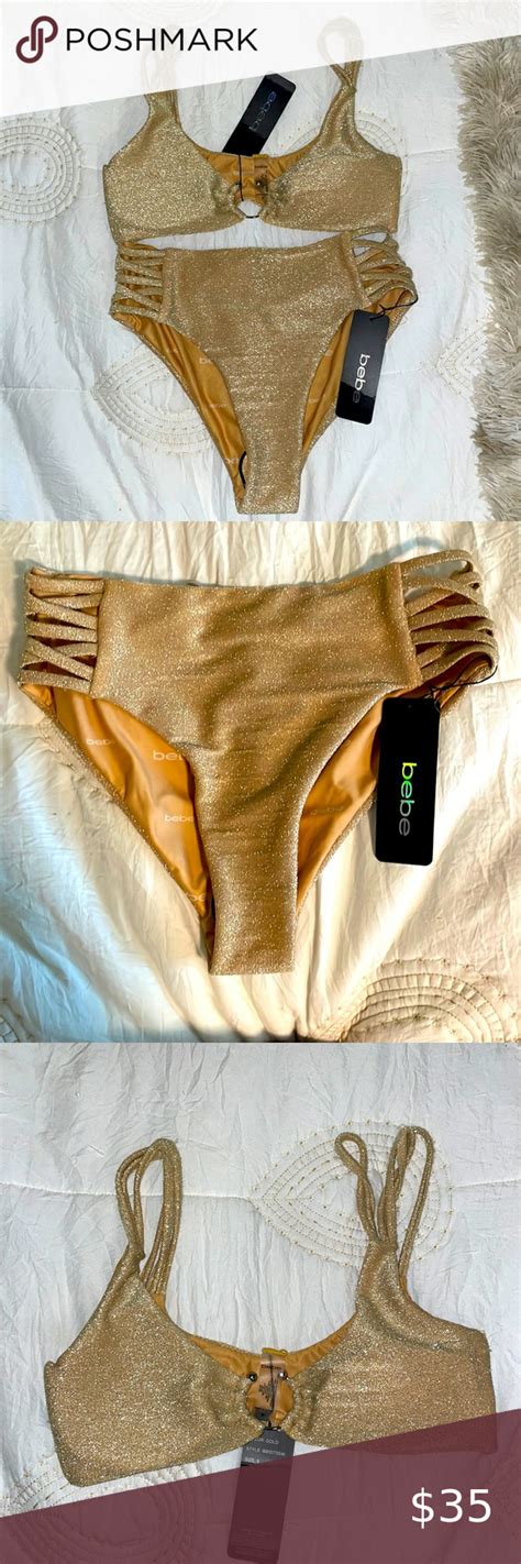 Nwt Bebe S Piece Metallic Gold Shimmer Bikini Swimsuit High Rise