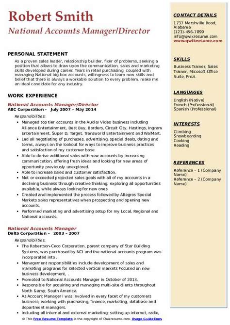 National Accounts Manager Resume Samples Qwikresume