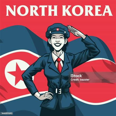 Tentara Wanita Korea Utara Memberi Hormat Dengan Latar Belakang Bendera