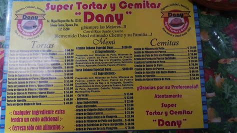 Carta Del Restaurante Super Tortas Y Cemitas Dany Tepeaca