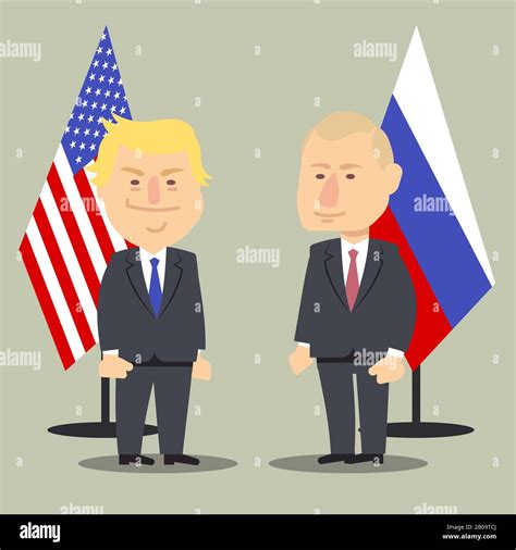 Donald Trump and Vladimir Putin standing together with Russian and USA flags. Vector ...