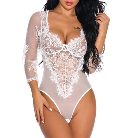 Sexy Renda Malha Perspectiva Manga Longa Bodysuit Lingerie Profundo