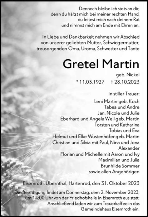 Traueranzeigen Von Gretel Martin Vrm Trauer De