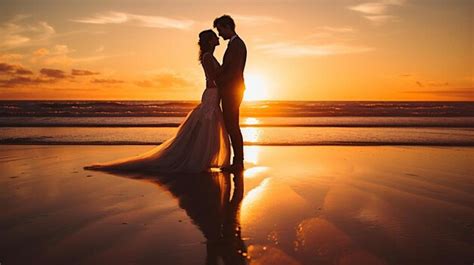 Premium AI Image | a couple in love on the beach with the sunset behind ...