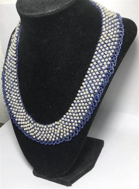 97 Glass Seed Beads Bib Choker Handmade Necklace 9 White Blue Pearl Toggle Lock Etsy