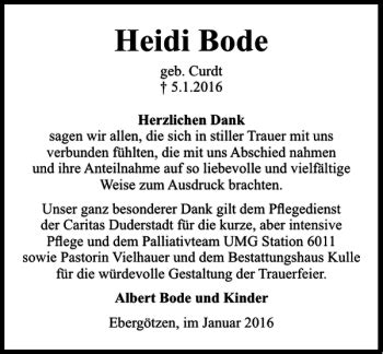 Traueranzeigen Von Heidi Bode Trauer Anzeigen De