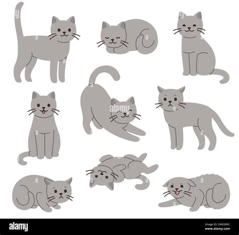 Cartoon Cat Set With Different Poses And Emotions Cat Behavior Body