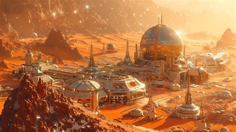 Futuristic Mars Colony At Sunset Premium Ai Generated Image