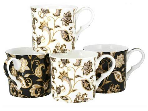 Heritage Bone China Black White Gold Jacobean Mugs Set Of 4 Gift