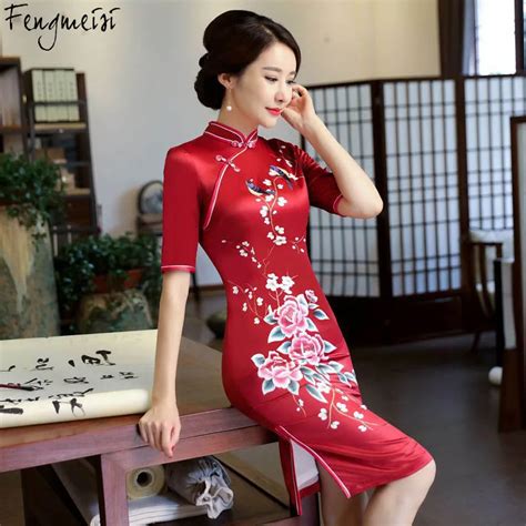 Fengmeisi Chinese Girl Traditional Dress Women Cheongsam Silk Short Qipao Red Print Elegant