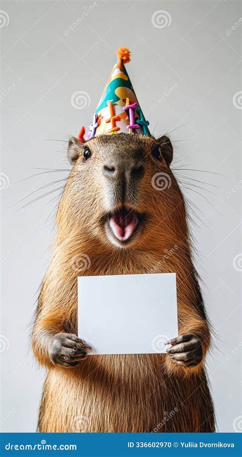 Cute Surprised Capybara Holding Blank White Invitation Card Party