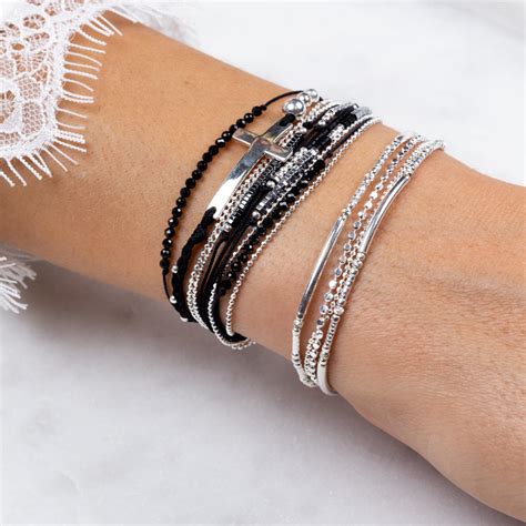 Bracelet Double Lastique Chaine Tubes Lisses Et Diamantes Bracelets