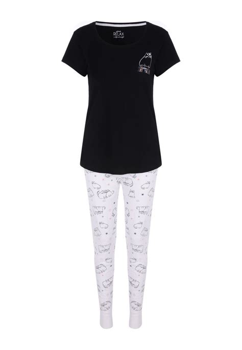 Womens Black Cat Print Pyjama Set Peacocks