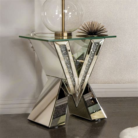 Taffeta V Shaped End Table With Glass Top Silver At Futonland